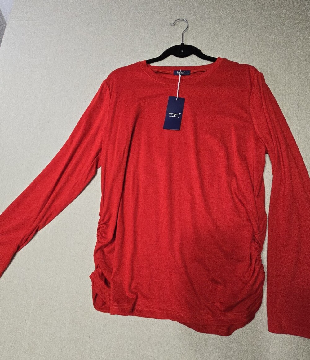 NWT Sampeel Women's Red Long-Sleeve Crewneck Shirred Sides Shirt